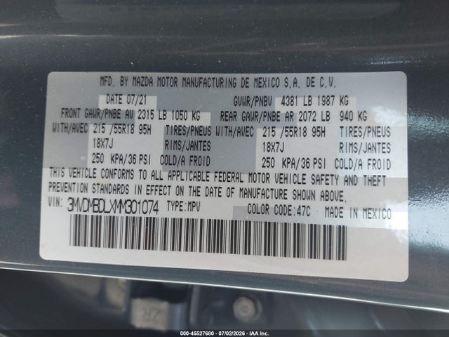 Aukcja sprzedaży 2021 Mazda Cx-30 Premium, vin: 3MVDMBDLXMM301074, numer aukcji: 45527680