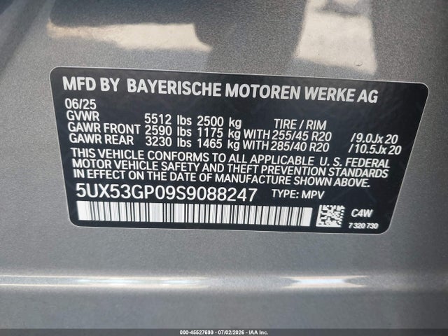 2025 Bmw X3 30 Xdrive მანქანა იყიდება აუქციონზე, vin: 5UX53GP09S9088247, აუქციონის ნომერი: 45527699