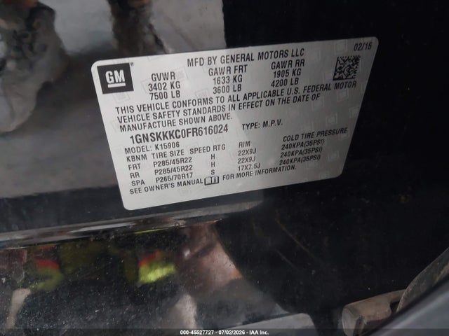 Продаж на аукціоні авто 2015 Chevrolet Suburban Ltz, vin: 1GNSKKKC0FR616024, номер лоту: 45527727