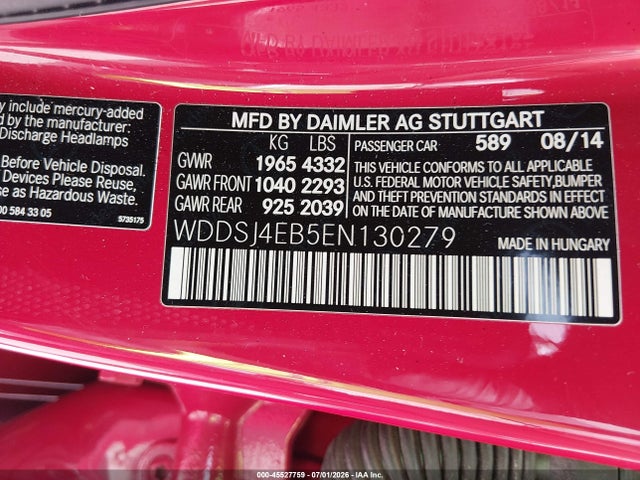 45527759 :رقم المزاد ، WDDSJ4EB5EN130279 vin ، 2014 Mercedes-benz Cla 250 مزاد بيع