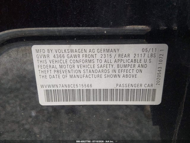 Продажа на аукционе авто 2012 Volkswagen Cc Sport, vin: WVWMN7AN8CE515566, номер лота: 45527760