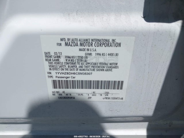 45527763 :رقم المزاد ، 1YVHZ8DH6C5M35307 vin ، 2012 Mazda Mazda6 I Touring مزاد بيع