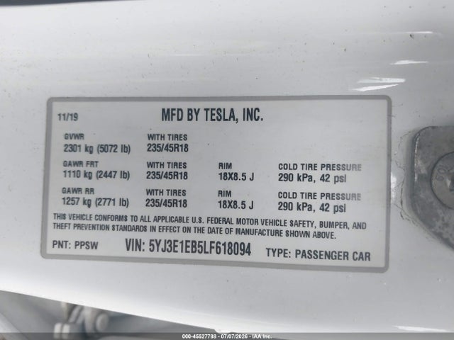 Продажа на аукционе авто 2020 Tesla Model 3 Long Range Dual Motor All-wheel Drive, vin: 5YJ3E1EB5LF618094, номер лота: 45527788
