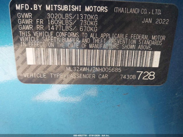 2022 Mitsubishi Mirage Black Edition მანქანა იყიდება აუქციონზე, vin: ML32AWHJ2NH005685, აუქციონის ნომერი: 45527791