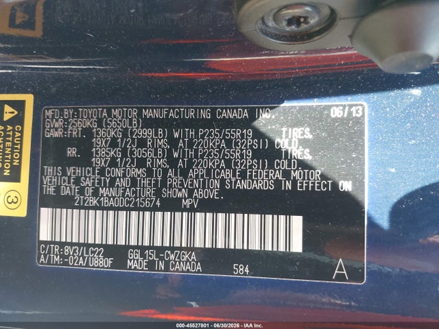 45527801 :رقم المزاد ، 2T2BK1BA0DC215674 vin ، 2013 Lexus Rx 350 F Sport مزاد بيع