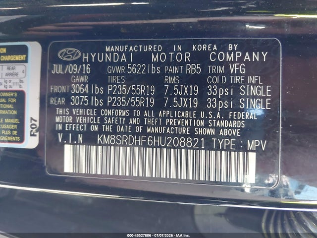 2017 Hyundai Santa Fe Limited Ultimate მანქანა იყიდება აუქციონზე, vin: KM8SRDHF6HU208821, აუქციონის ნომერი: 45527806