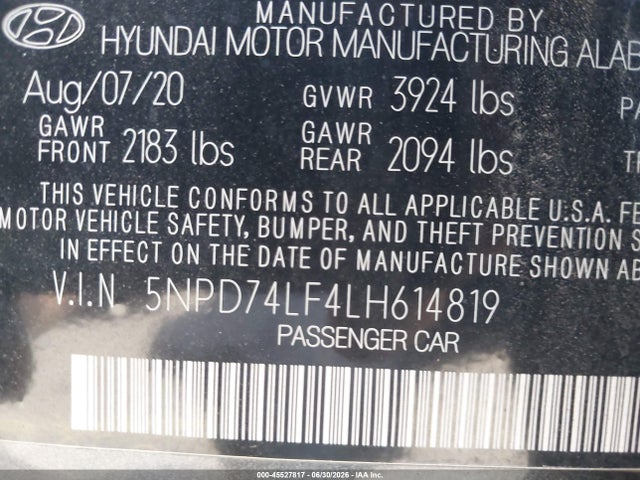 5NPD74LF4LH614819 Hyundai ELANTRA SE