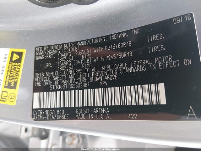 5TDKKRFH3GS503887 Toyota Highlander Xle V6