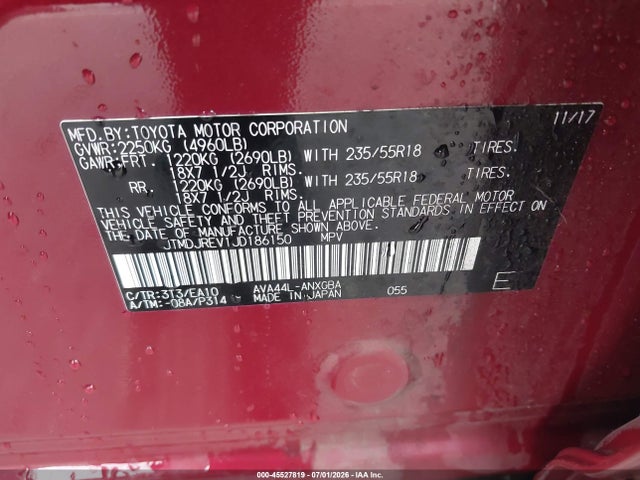 JTMDJREV1JD186150 Toyota Rav4 Hybrid Limited