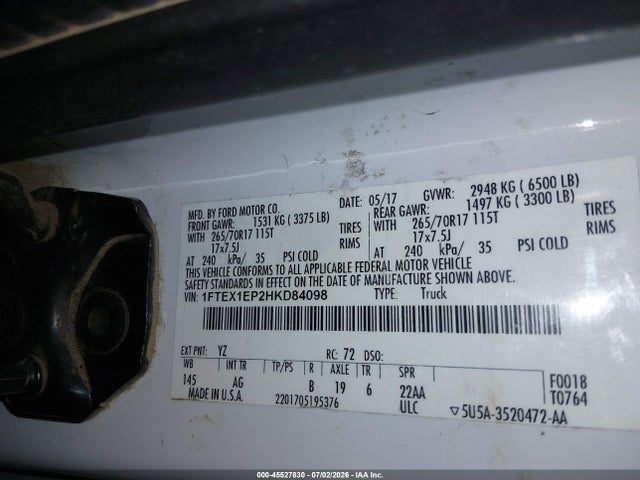 45527830 :رقم المزاد ، 1FTEX1EP2HKD84098 vin ، 2017 Ford F-150 Xl مزاد بيع