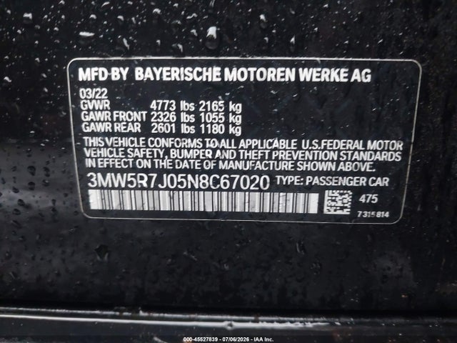 45527839 :رقم المزاد ، 3MW5R7J05N8C67020 vin ، 2022 Bmw 330i Xdrive مزاد بيع