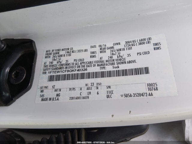 Aukcja sprzedaży 2016 Ford F-150 Xlt, vin: 1FTEW1CF9GKF40326, numer aukcji: 45527855