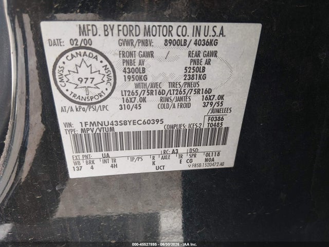 2000 Ford Excursion Limited მანქანა იყიდება აუქციონზე, vin: 1FMNU43S8YEC60395, აუქციონის ნომერი: 45527895