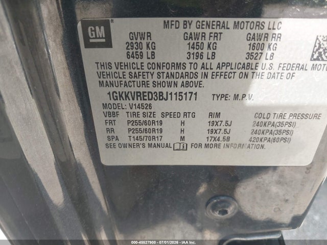 45527900 :رقم المزاد ، 1GKKVRED3BJ115171 vin ، 2011 Gmc Acadia Slt-1 مزاد بيع