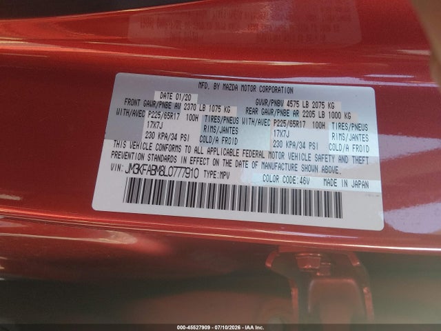Продажа на аукционе авто 2020 Mazda Cx-5 Sport, vin: JM3KFABM8L0777910, номер лота: 45527909