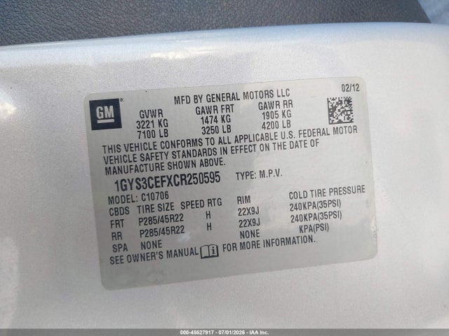 45527917 :رقم المزاد ، 1GYS3CEFXCR250595 vin ، 2012 Cadillac Escalade Premium مزاد بيع