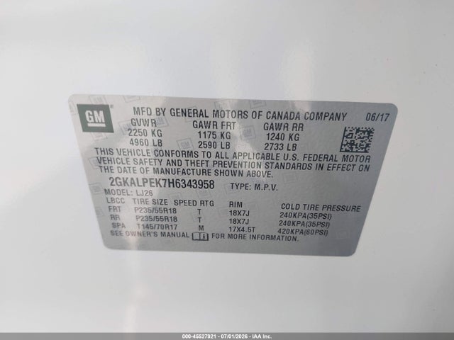 Aukcja sprzedaży 2017 Gmc Terrain Slt, vin: 2GKALPEK7H6343958, numer aukcji: 45527921