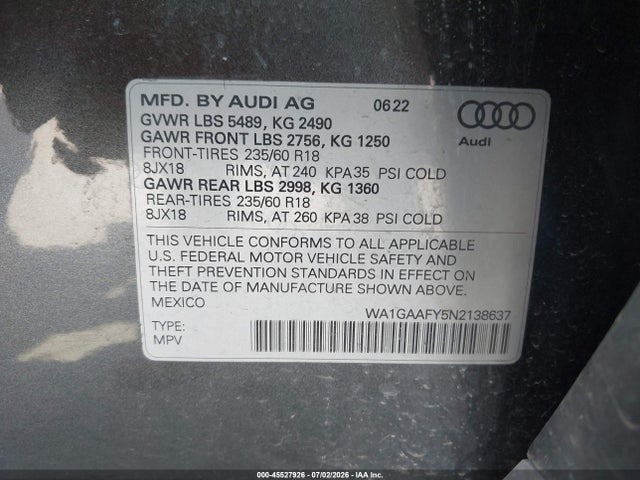 45527926 :رقم المزاد ، WA1GAAFY5N2138637 vin ، 2022 Audi Q5 Premium 45 Tfsi S Line Quattro S Tronic مزاد بيع