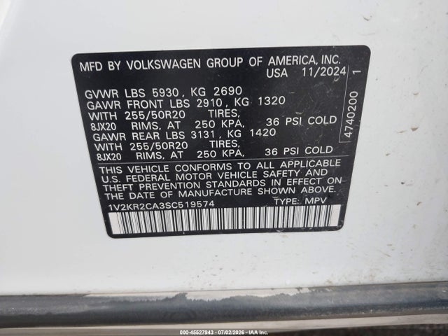 45527943 :رقم المزاد ، 1V2KR2CA3SC519574 vin ، 2025 Volkswagen Atlas 2.0t Se W/technology مزاد بيع