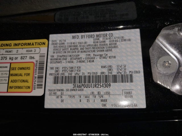 3FA6P0UU1JR254309 Ford Fusion Hybrid S