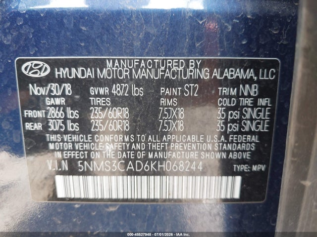 45527948 :رقم المزاد ، 5NMS3CAD6KH068244 vin ، 2019 Hyundai Santa Fe Sel Plus مزاد بيع