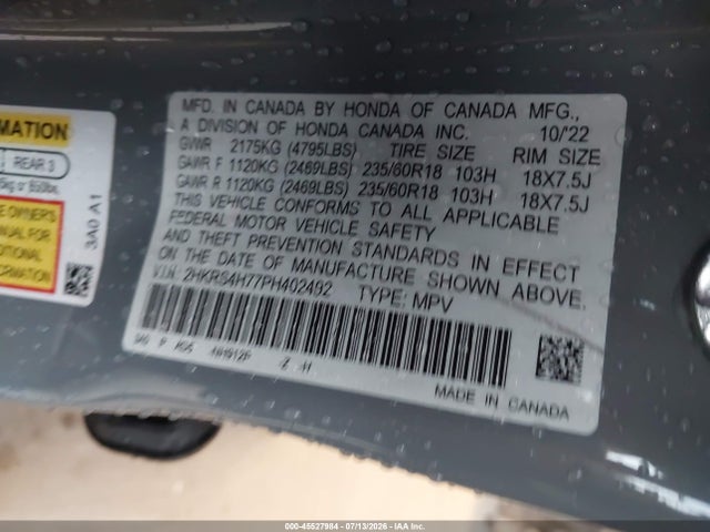 45527984 :رقم المزاد ، 2HKRS4H77PH402492 vin ، 2023 Honda Cr-v Ex-l Awd مزاد بيع