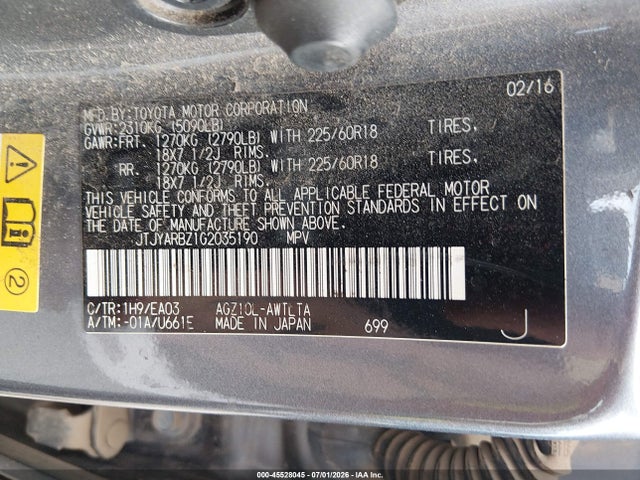 45528045 :رقم المزاد ، JTJYARBZ1G2035190 vin ، 2016 Lexus Nx 200t مزاد بيع