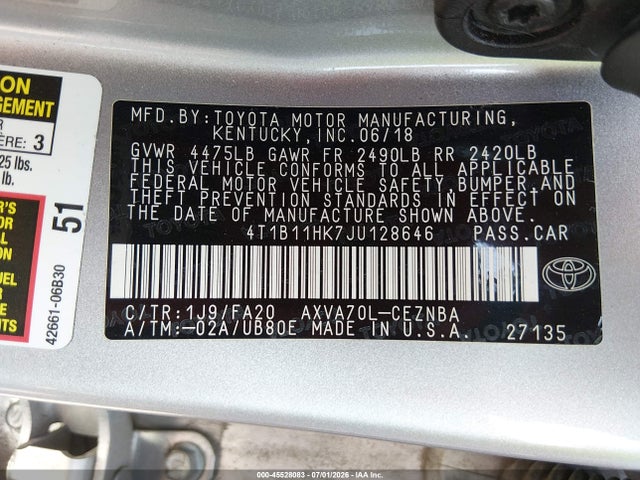4T1B11HK7JU128646 Toyota CAMRY LE