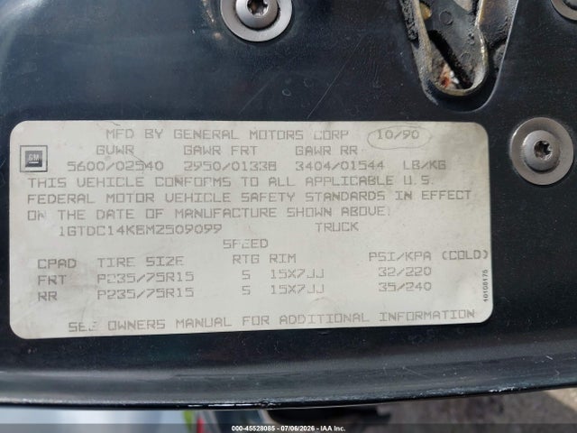 Продаж на аукціоні авто 1991 Gmc Sierra C1500, vin: 1GTDC14K8MZ509099, номер лоту: 45528085
