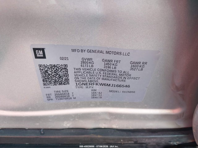 1GNERFKW6MJ166546 Chevrolet Traverse Fwd Ls