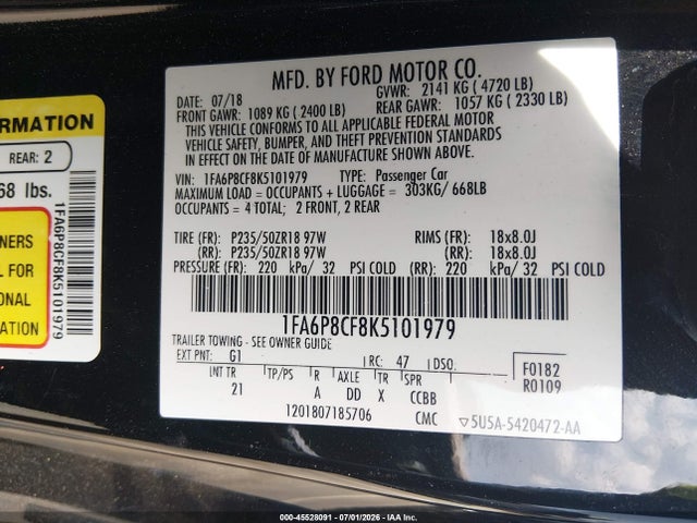Продаж на аукціоні авто 2019 Ford Mustang Gt/gt Premium, vin: 1FA6P8CF8K5101979, номер лоту: 45528091