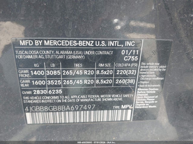 Auction sale of the 2011 Mercedes-benz Ml 350 4matic, vin: 4JGBB8GB8BA697497, lot number: 45528093