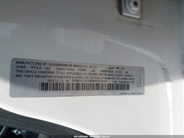 2011 Volkswagen Jetta 2.0l S მანქანა იყიდება აუქციონზე, vin: 3VW1K7AJ6BM305496, აუქციონის ნომერი: 45528096