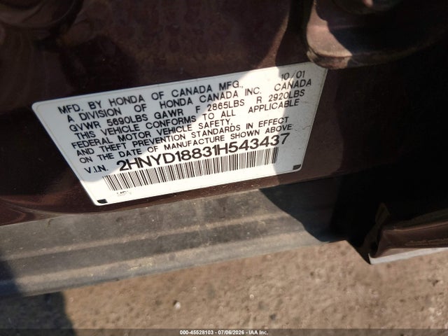 2001 Acura Mdx მანქანა იყიდება აუქციონზე, vin: 2HNYD18831H543437, აუქციონის ნომერი: 45528103