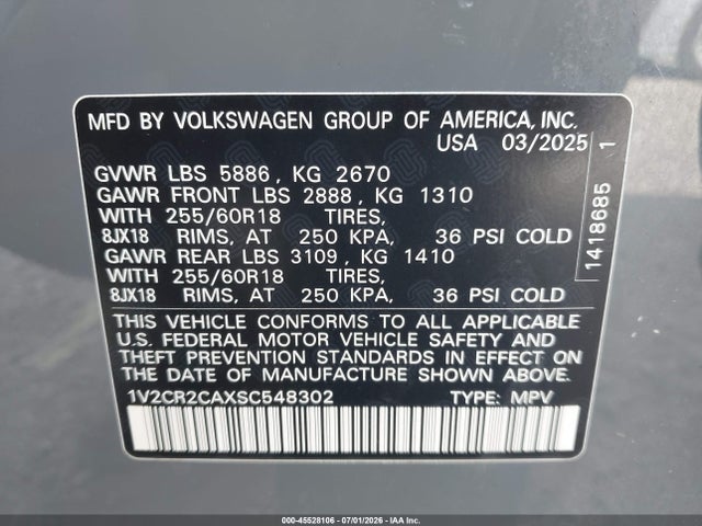 Продажа на аукционе авто 2025 Volkswagen Atlas 2.0t Peak Edition, vin: 1V2CR2CAXSC548302, номер лота: 45528106