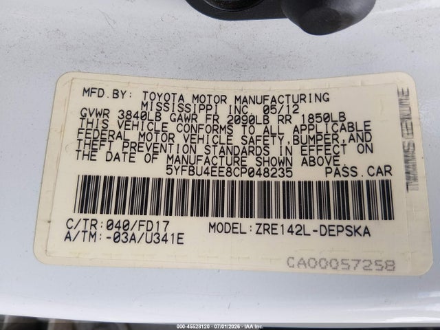 Продажа на аукционе авто 2012 Toyota Corolla S, vin: 5YFBU4EE8CP048235, номер лота: 45528120