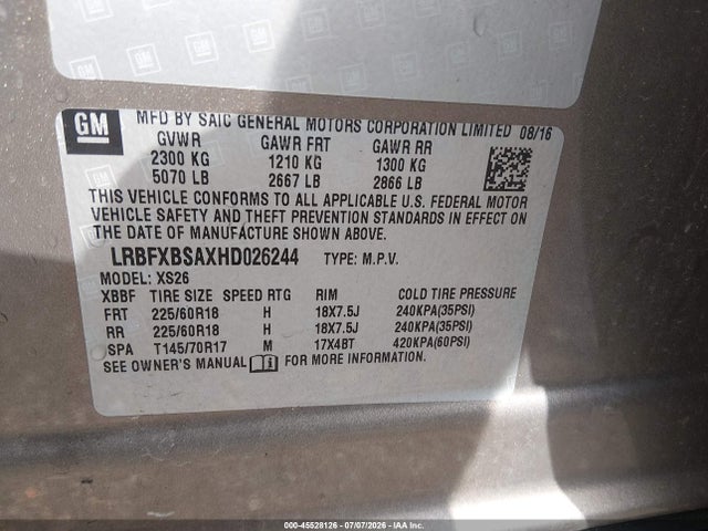 Aukcja sprzedaży 2017 Buick Envision Essence, vin: LRBFXBSAXHD026244, numer aukcji: 45528126