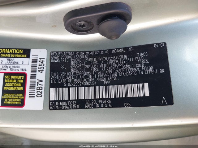 Продаж на аукціоні авто 2007 Toyota Sienna Le, vin: 5TDZK23C27S062364, номер лоту: 45528130