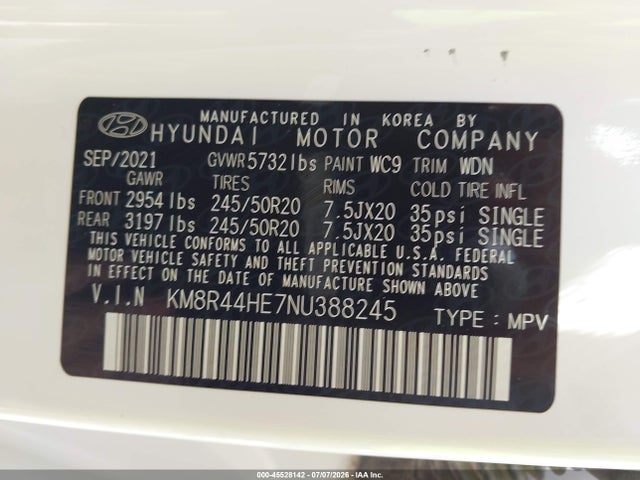 KM8R44HE7NU388245 Hyundai Palisade Sel