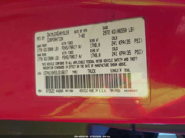 Auction sale of the 2003 Dodge Ram 1500 Slt/laramie/st, vin: 1D7HU16N53J516617, lot number: 45528150