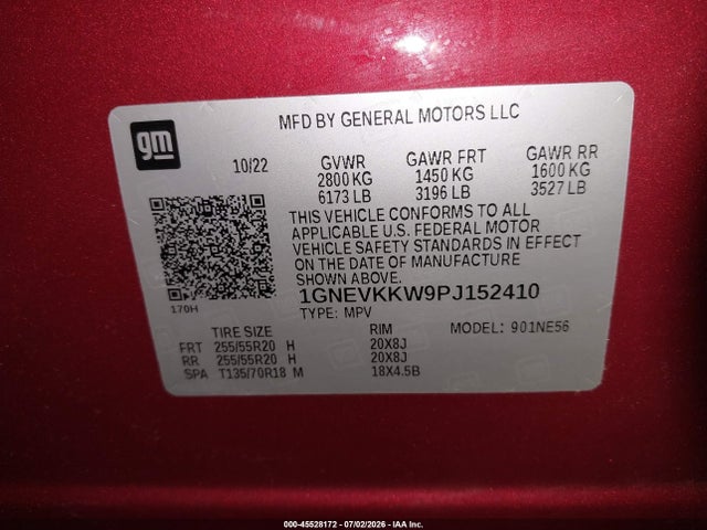 45528172 :رقم المزاد ، 1GNEVKKW9PJ152410 vin ، 2023 Chevrolet Traverse Awd Premier مزاد بيع
