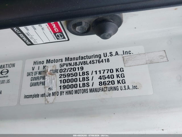 2020 Hino 258/268 მანქანა იყიდება აუქციონზე, vin: 5PVNJ8JV8L4S76418, აუქციონის ნომერი: 45528205