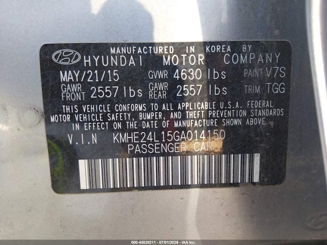 2016 Hyundai Sonata Hybrid Se მანქანა იყიდება აუქციონზე, vin: KMHE24L15GA014150, აუქციონის ნომერი: 45528211