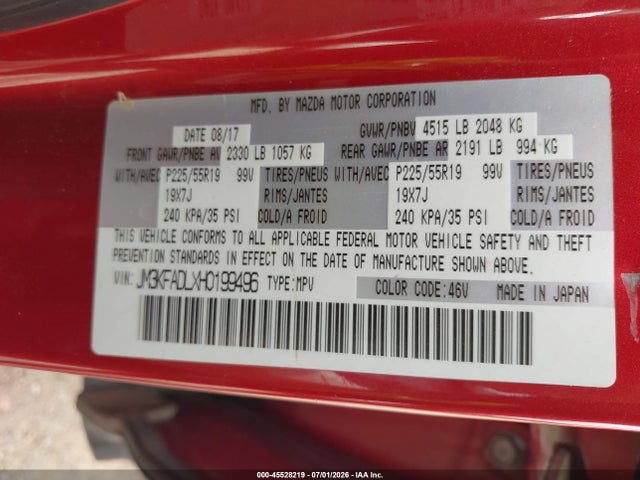 45528219 :رقم المزاد ، JM3KFADLXH0199496 vin ، 2017 Mazda Cx-5 Grand Touring مزاد بيع
