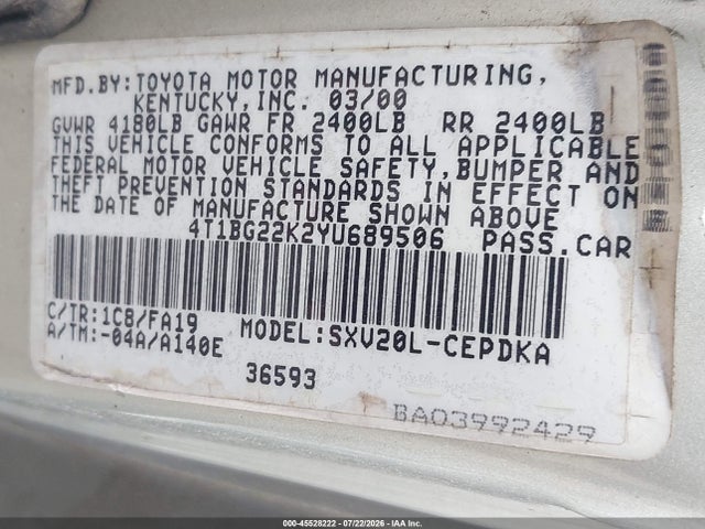 Продажа на аукционе авто 2000 Toyota Camry Ce, vin: 4T1BG22K2YU689506, номер лота: 45528222