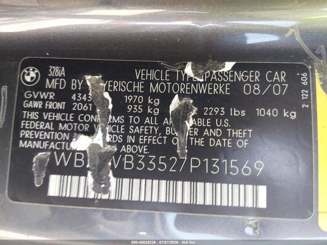 Продажа на аукционе авто 2007 Bmw 328i, vin: WBAWB33527P131569, номер лота: 45528226