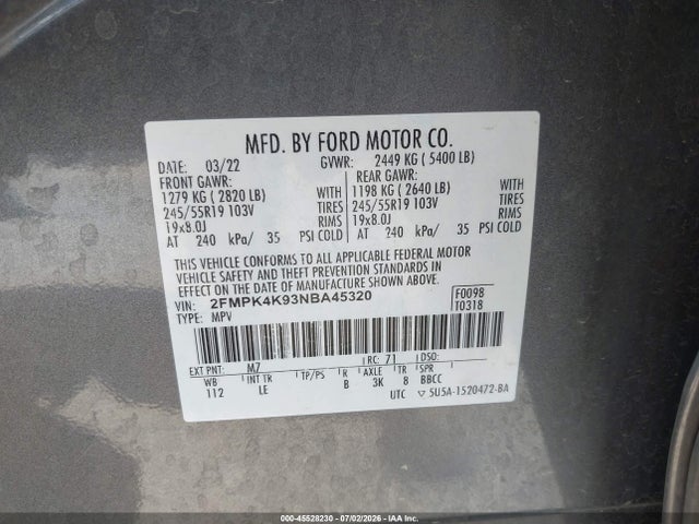 Продажа на аукционе авто 2022 Ford Edge Titanium, vin: 2FMPK4K93NBA45320, номер лота: 45528230