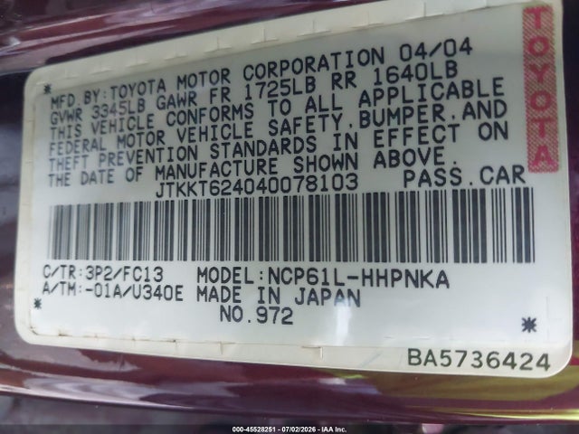 Aukcja sprzedaży 2004 Scion Xa, vin: JTKKT624040078103, numer aukcji: 45528251