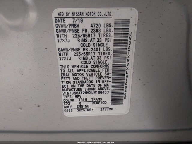 JN8AT2MVXLW106460 Nissan Rogue Sv Intelligent Awd