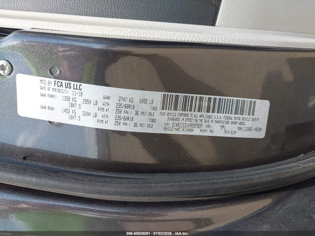 45528291 :رقم المزاد ، 2C4RC1EG1KR597937 vin ، 2019 Chrysler Pacifica Touring L Plus مزاد بيع